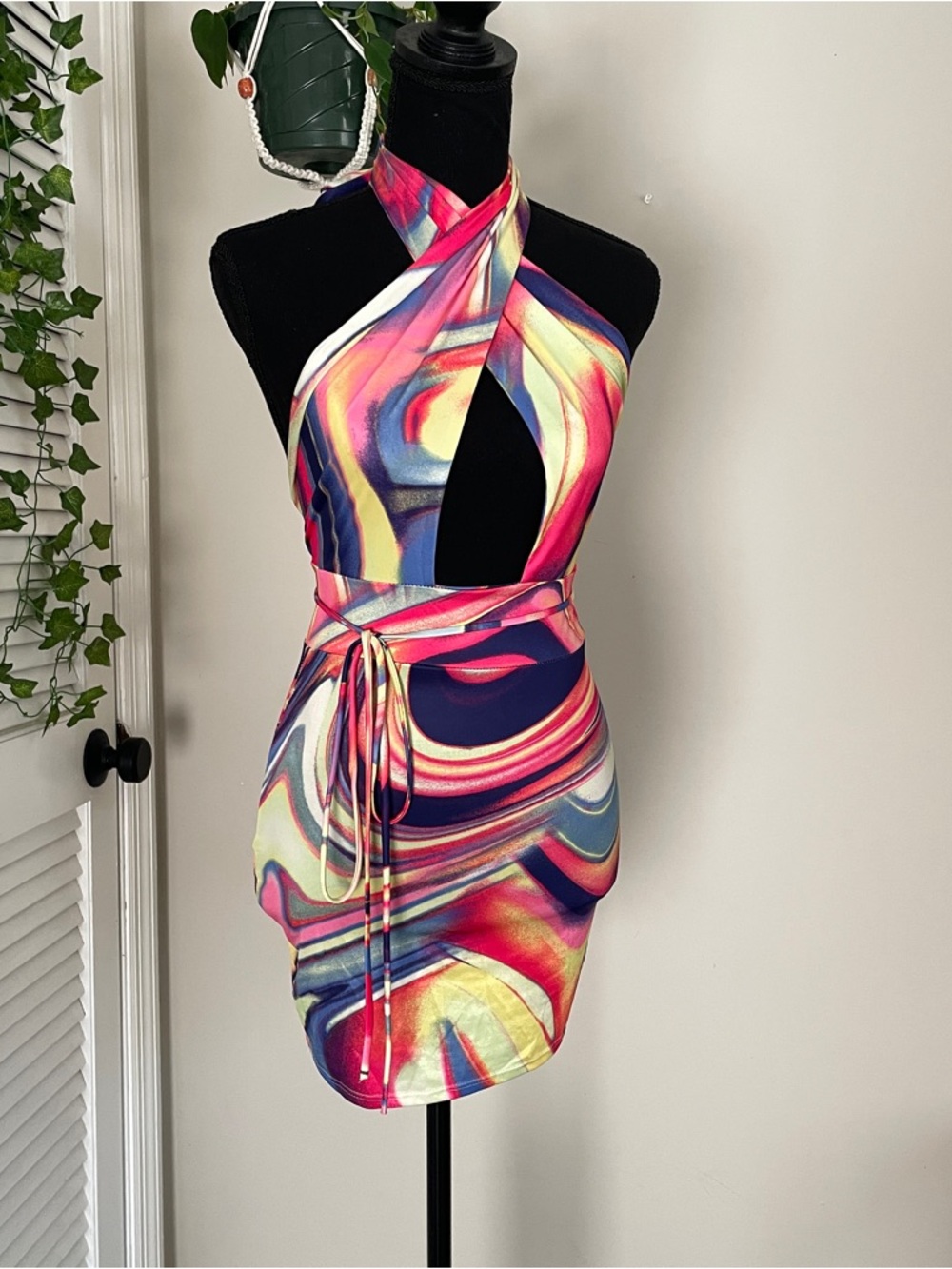 Vibrant Swirl Halter Mini Dress - Multicolor